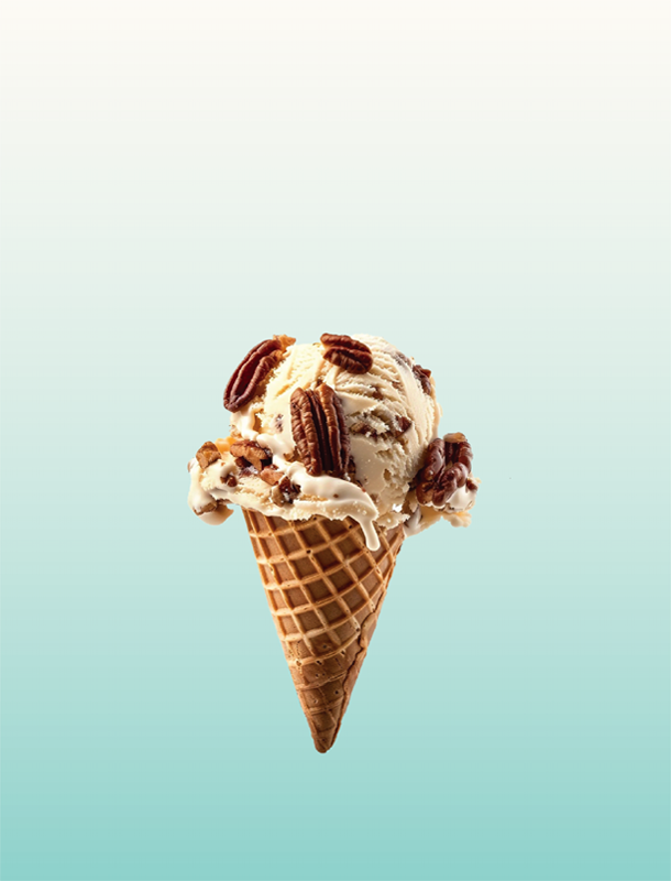 Butter pecan ice cream with pecan pieces in a waffle cone with a teal gradient rounded rectangle background