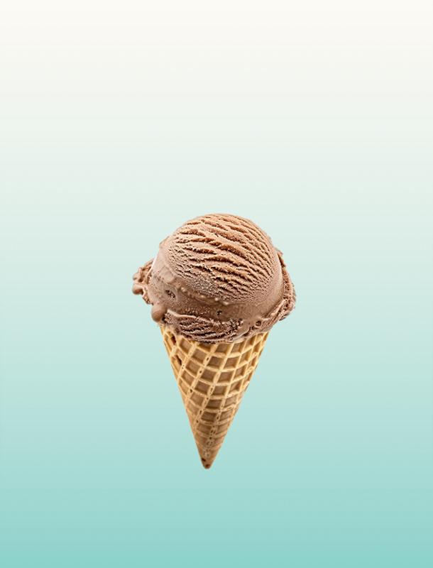 Chocolate ice cream in a waffle cone with a teal gradient rounded rectangle background