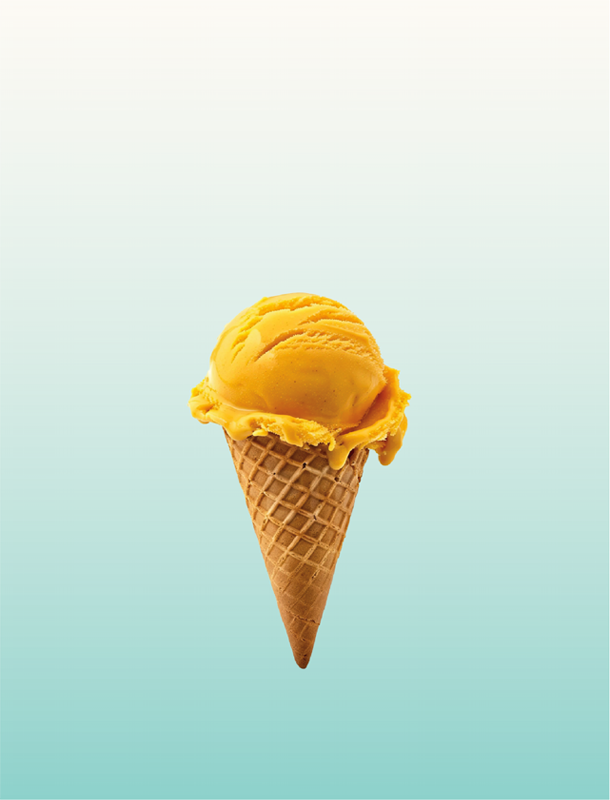 Mango ice cream in a waffle cone with a teal gradient rounded rectangle background