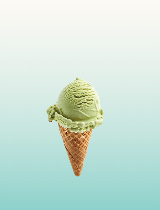 Matcha ice cream in a waffle cone with a teal gradient rounded rectangle background