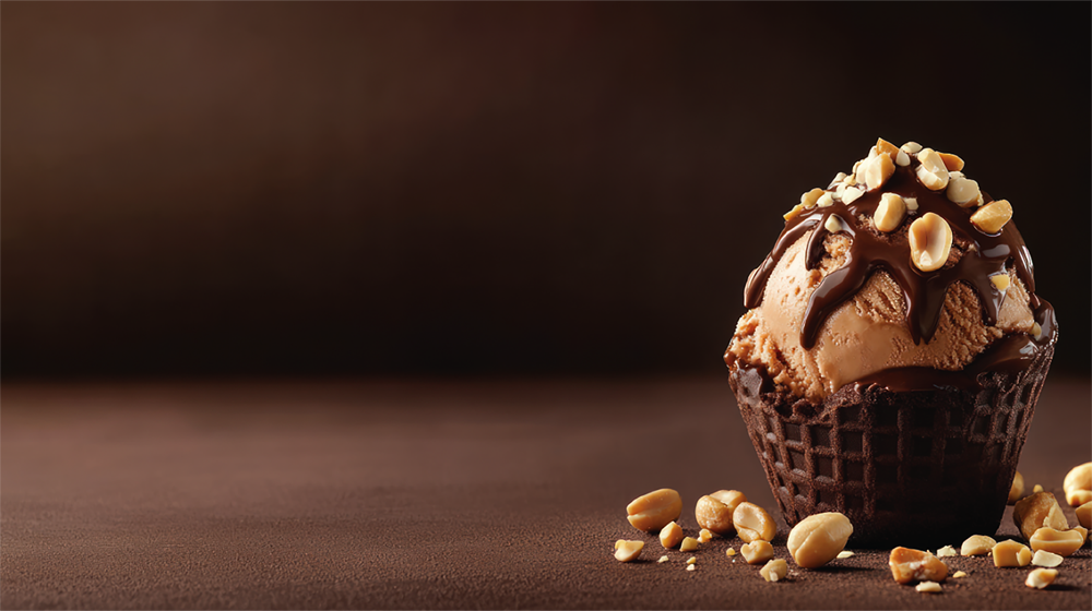 Ice cream in a chocolate cone cup with chocolate sauce and peanuts on top and a brown backdrop