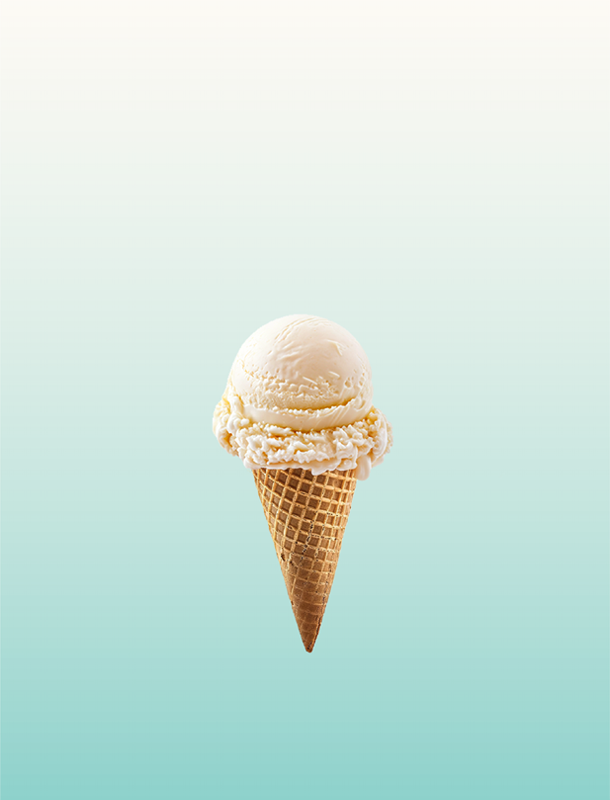 Vanilla ice cream in a waffle cone with a teal gradient rounded rectangle background