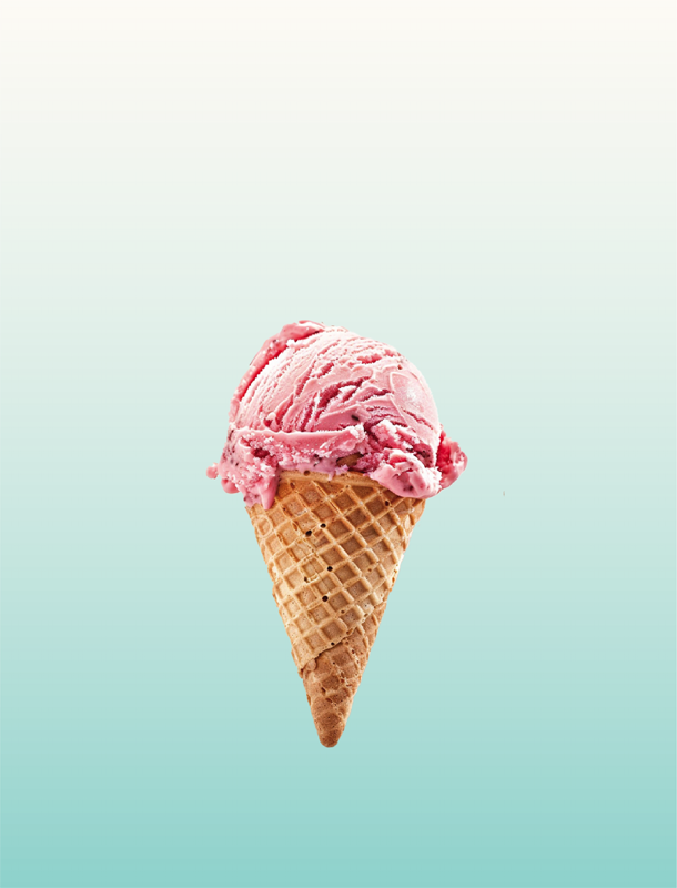 Strawberry ice cream in a waffle cone with a teal gradient rounded rectangle background
