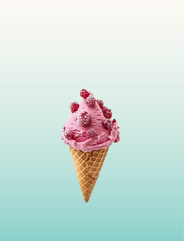 Raspberry ice cream in a waffle cone with a teal gradient rounded rectangle background