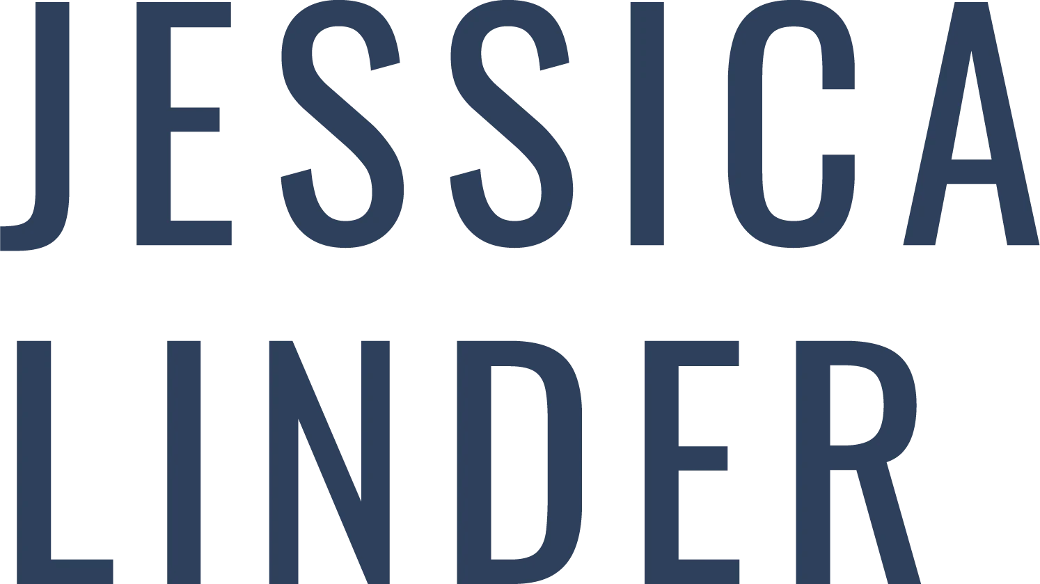 A logo comprised of the name Jessica Linder that is capitalized in a navy blue color.