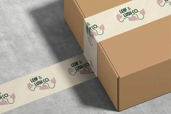 Packing tape with Leaf & Lush Co. Logo on it on a cardboard shipping box